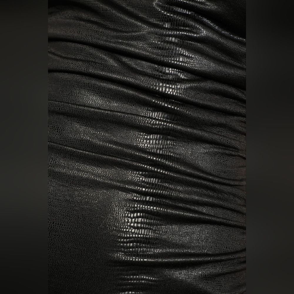 Lulus Faux Leather One-Shoulder Ruched Asymmetrical Midi Dress - Picture 7 of 12